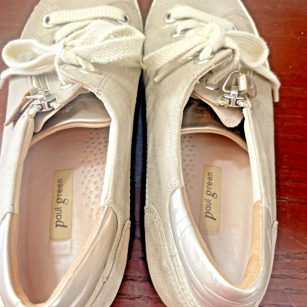 Paul Green Metallic Leather Sneakers Women 9 Taupe Champagne Comfort Shoes - Picture 9 of 9
